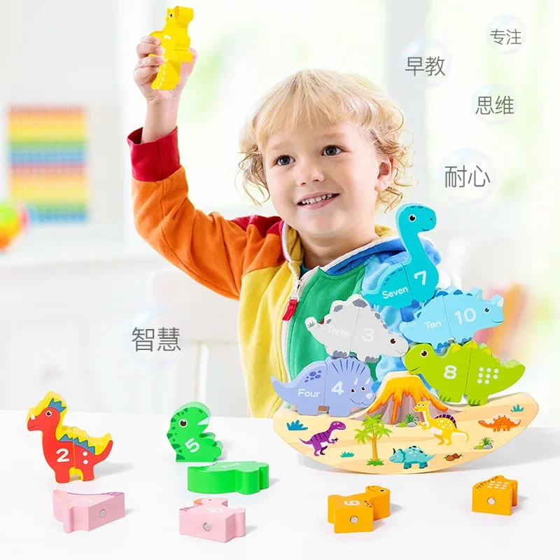 Wooden Magnetic Dinosaur Digital Sensory Play Balance Stacking Matching Games Three-dimensional Folding Puzzle Enlightenment Toy