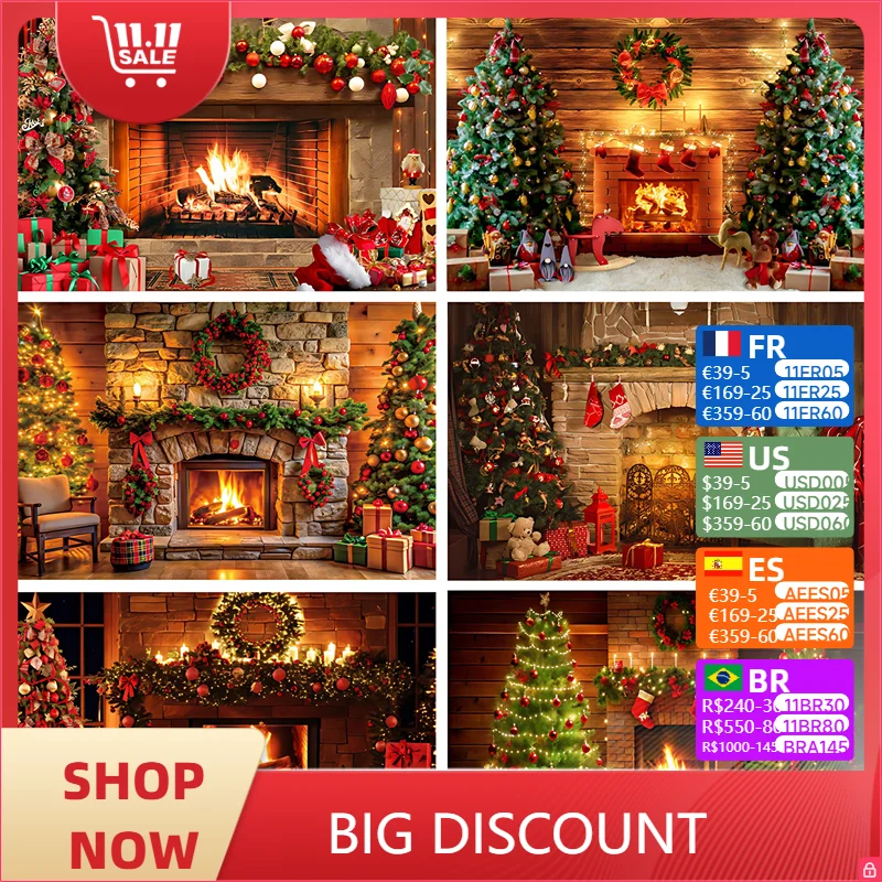 

Winter Christmas Tree Fireplace Background Brick Wall Warm Flame Wreath Socks Gift Room Decoration Banner Baby Family Photo Prop