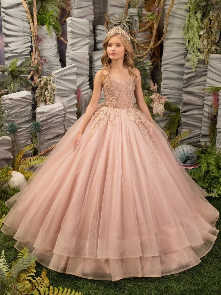 Quality Gorgeous Flower Girl Dress Pink Tulle Puffy Appliques for Wedding Little Kids Birthday Party Banquet Princess Gowns