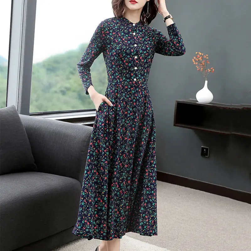 Vintage, w kwiaty z nadrukiem wysokie Wais eleganckie sukienki imprezowe dla kobiet 2023 wiosna jesieล moda dลugi rฤkaw obcisลa sukienka za kolano
