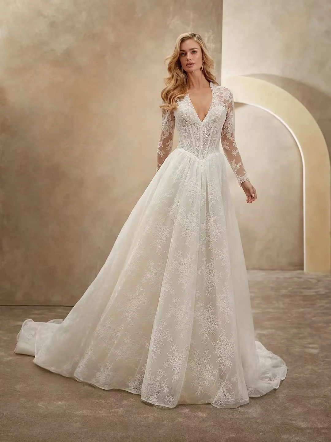 Encantadores vestidos de novia con cuello en V profundo, vestidos de novia románticos de encaje, vestidos de novia de lujo con corte en A, vestidos de novia largos hasta el suelo, Vestidos De Novia