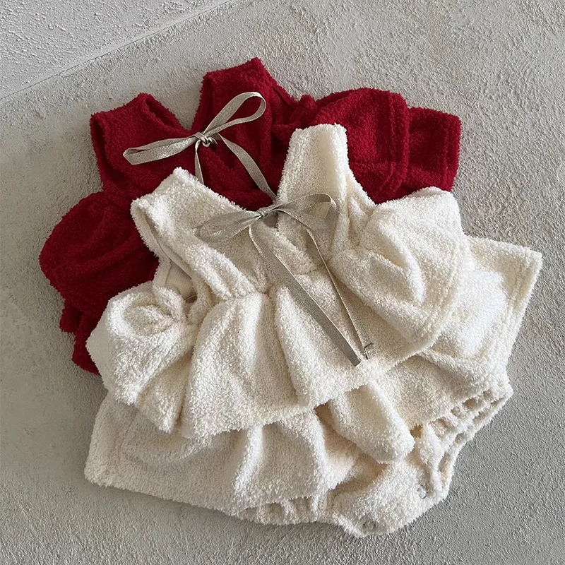 MILANCEL New Winter Baby Bodysuit 3-24M Solid Color Sweet  Infant Girls Pinafore Dress Cute Bow Thicken Loose Toddler Clothes