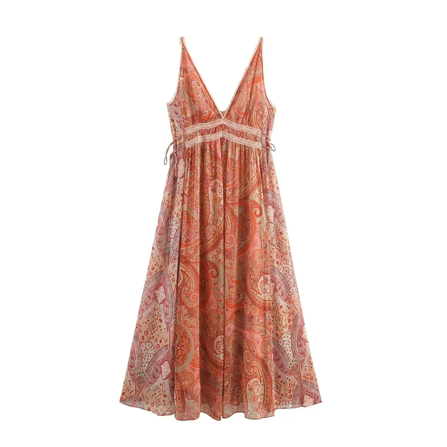 

European Style V-neck Dress for Women 2026 Summer New Casual Loose Sleeveless Woman Clothes Print Lace Commuter Long Dress