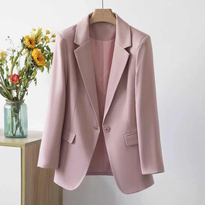 คลาสสิกสีทึบปุ่มเดียว Blazer สําหรับผู้หญิงฤดูใบไม้ผลิฤดูใบไม้ร่วงเปิดลงปกชุดสูทแจ็คเก็ตผู้หญิง Slim เสื้อแขนยาว