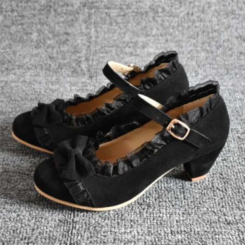 

Классические туфли Лолиты из матовой кожи 2021, милые туфли-лодочки на каблуке с кружевом и пряжкой по краям, модные вечерние туфли принцессы для косплея