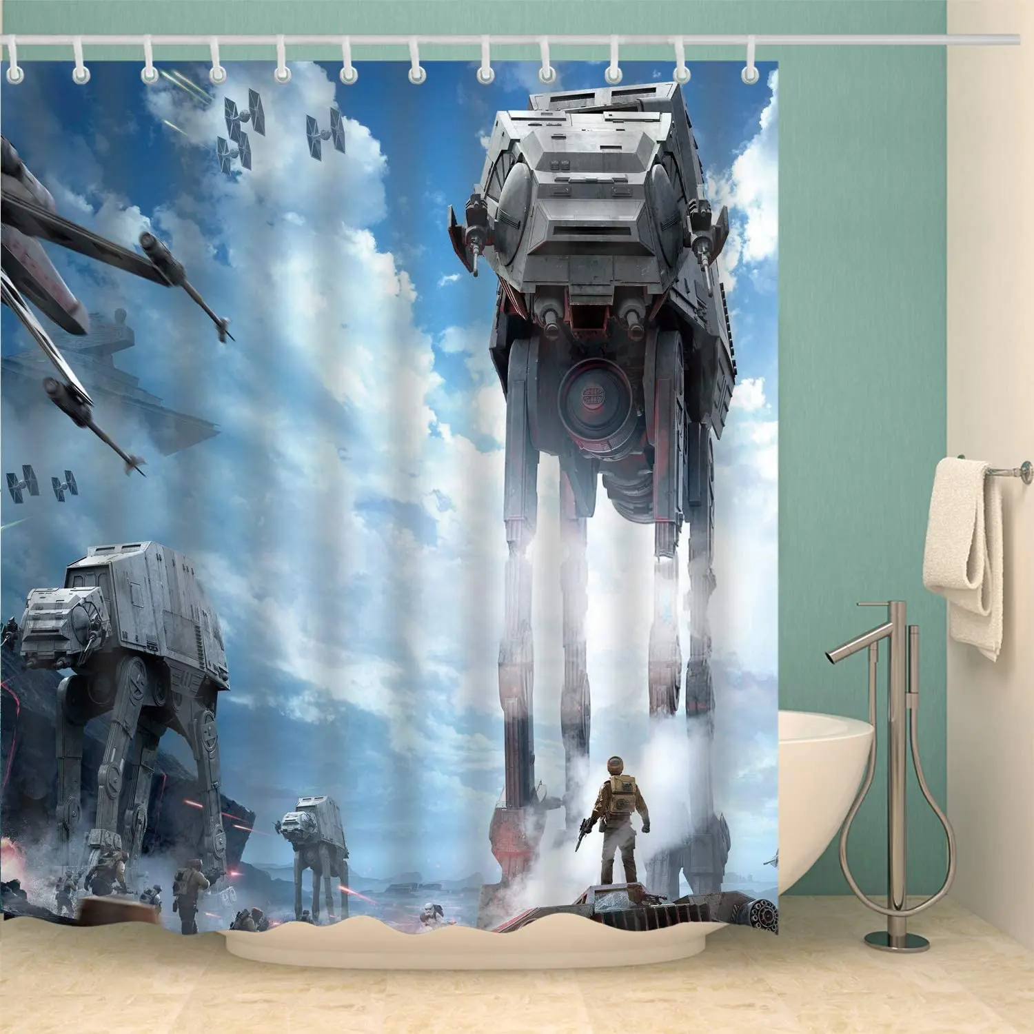 Star Galaxy War Space Shower Curtain Blue Sky Troopers Panel Polyester Waterproof Fabric Plastic Hook Included