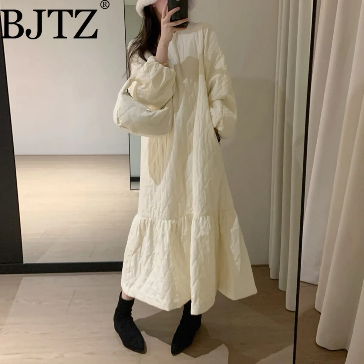 BJTZ 2025 فستان شتوي حراري مبطن للنساء بحاشية متينة دانتيل نحيف للحفلات والمكتب والتحكم في البطن أنيق متوسط مع حقيبة مجانية