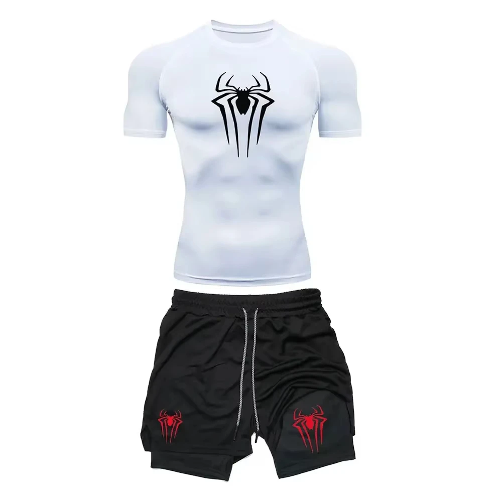 Men's Workout Compression Set Y2K Spider Printed Gym Tshirts Breathable Running Shorts Quick Dry Sports Rash Guard Sportwear Set image 5