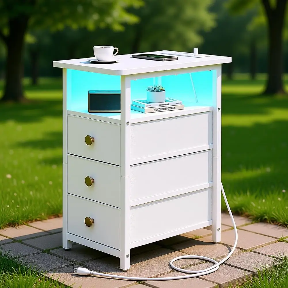

LED-Illuminated Slim End Table with Charging Port for Bedrooms and Living Spaces