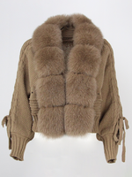 OFTBUY 2023 Winter Women Casual Real Fox Fur Collar New Fashion Short Warm Loose Knitted Jacket with Natural Fur Placket Coat