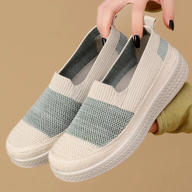 

Comfortable Non-slip Women Slip on Flats Color Block Breathable Hollow Knit Mesh Soft Sole Casual Daily Walking Nursing Shoes
