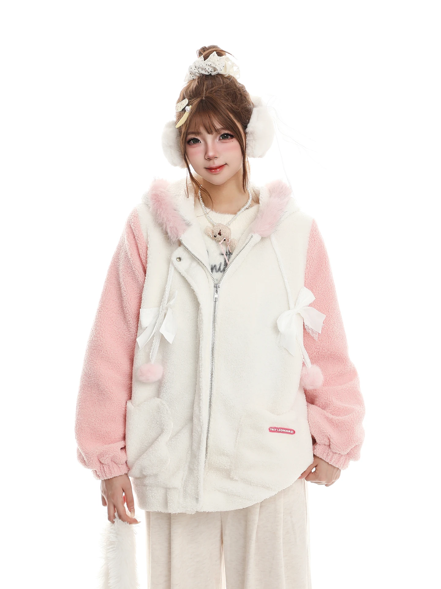 

Sweet Knot Rabbit Ear Lamb Fur Hooded Cotton Jaet Women's Winter New Loose Warm Fce Outerwear