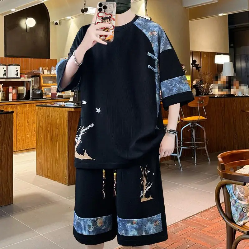 

Men's Summer Two Piece Set Loose Fit Casual Outfit with Modern Hanfu Design Stylish Comfortable for Outdoor Activities