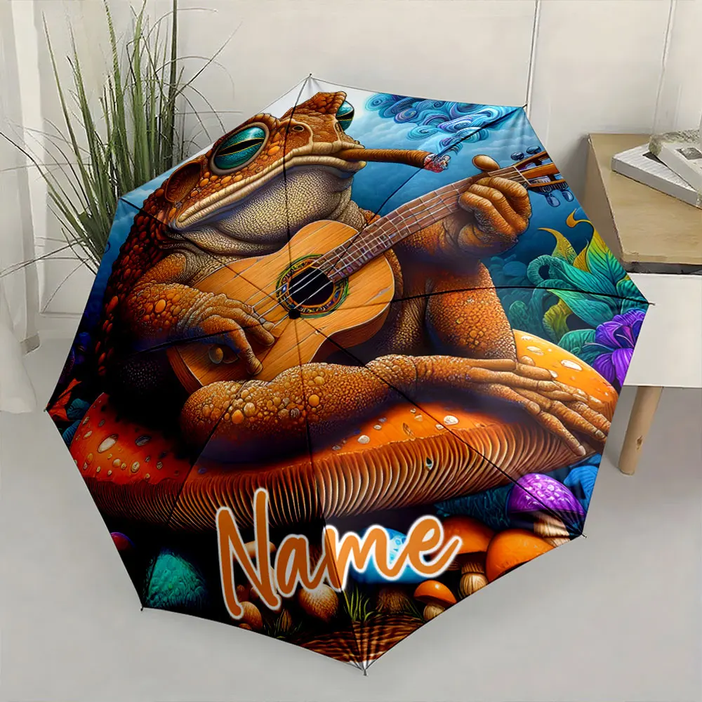 Custom Name Retro Frog Playing Guitar Umbrella Design Print 8 Iron Ribs Folding Umbrella, Auto-Open Fashion Sunshade