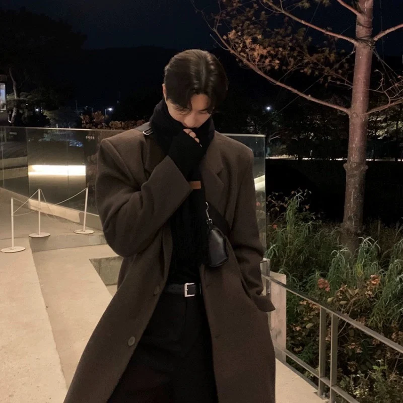 

Мужское шерстяное пальто средней длины, утепленное, осеннее, в корейском стиле, модное, в стиле преппи, мужская одежда, ветровка, верхняя одежда