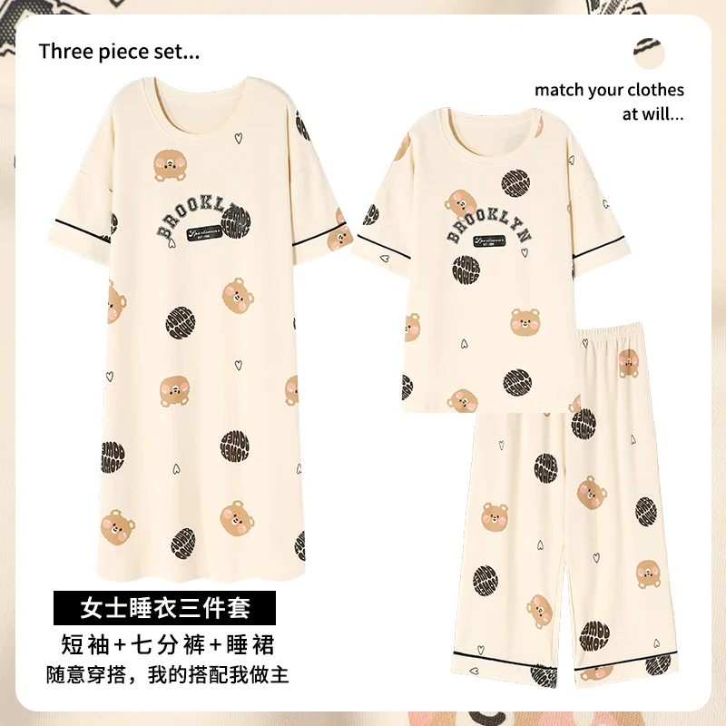 Summer Women Pajamas Set Plus Size M-3XL Cotton Women's Short Sleeves Calf Pant Sleepdress Nightwear Korean Pijamas for Girl