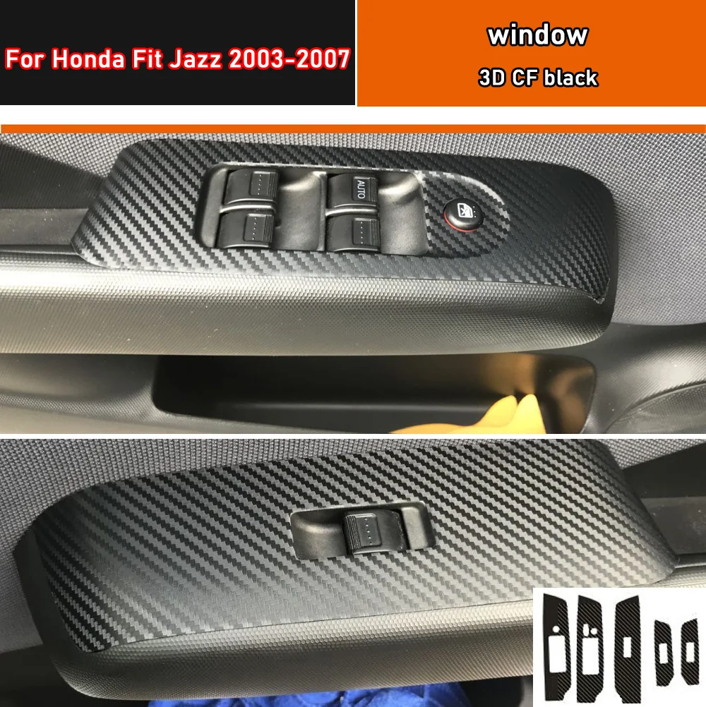 

Car Styling Black Carbon Decal Car Window Lift Button Switch Panel Cover Trim Sticker 4 Pcs/Set For Honda Fit Jazz 2003-2007