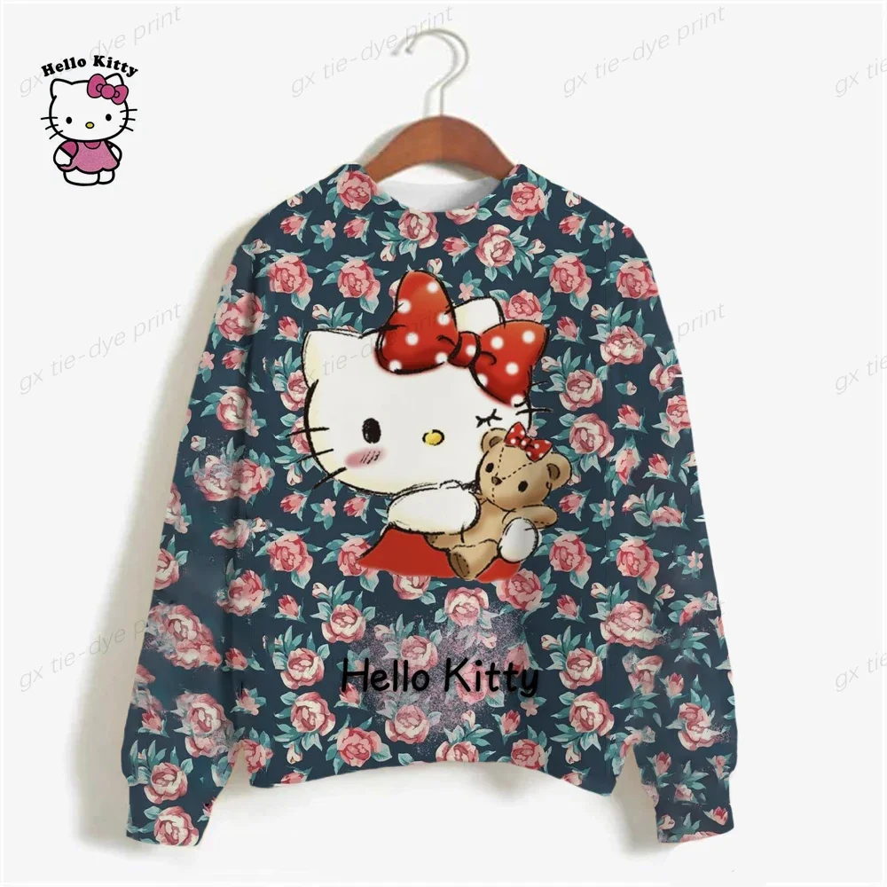 Woman Sweatshirts 2024 Sweet Korean O-neck Pullovers Thick Autumn Winter Candy Color Loose Hoodies HELLO KITTY Womens Clothing