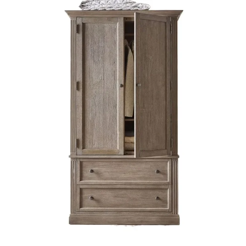 

European retro oak wardrobe American country solid wood wardrobe locker bedroom double door integrated storage cabinet