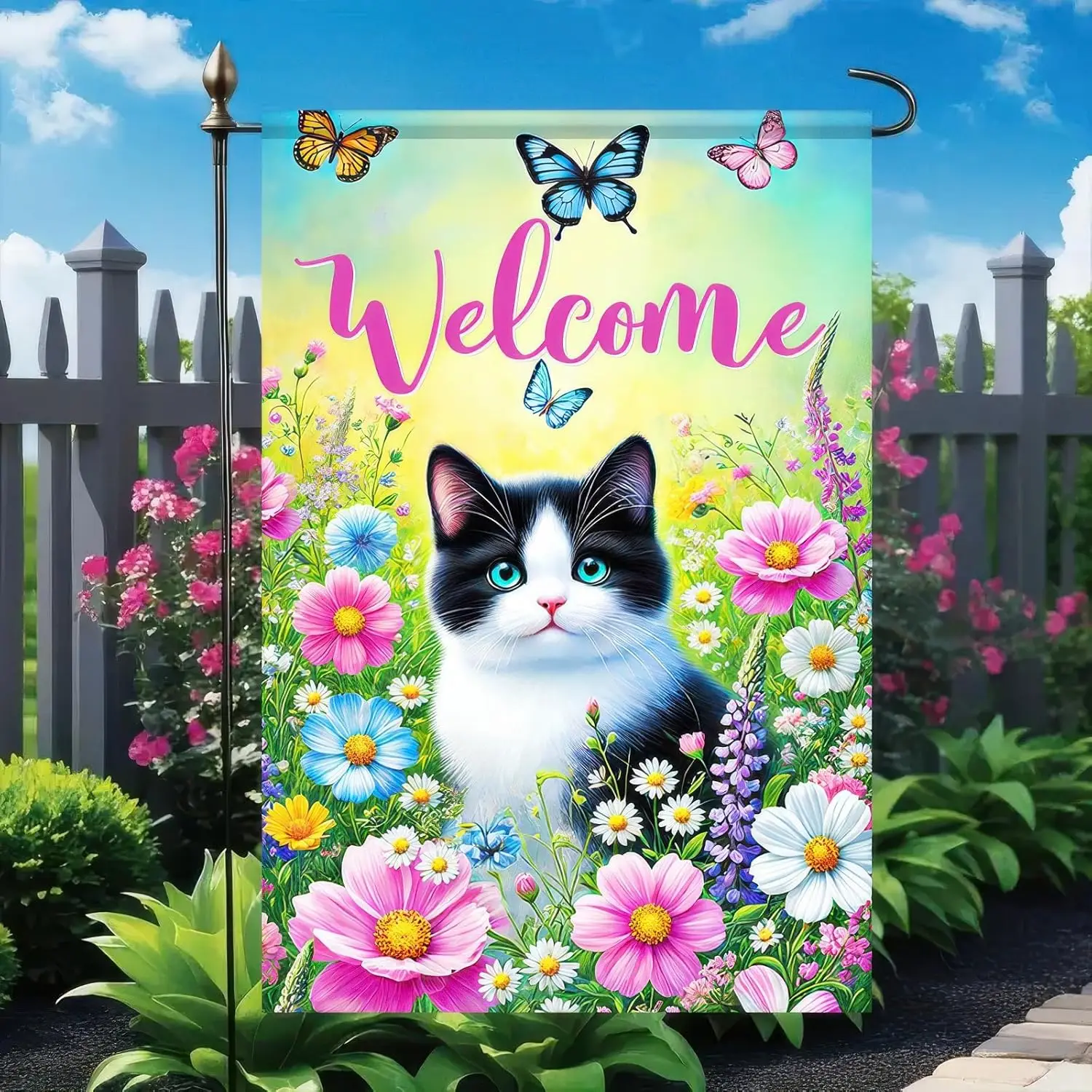 Welcome Spring Cat Garden Flag Spring Summer Floral Flower Orange Cat Flag Welcome Yard Flag 12 x 18 Inch Double Sided Butte SSL