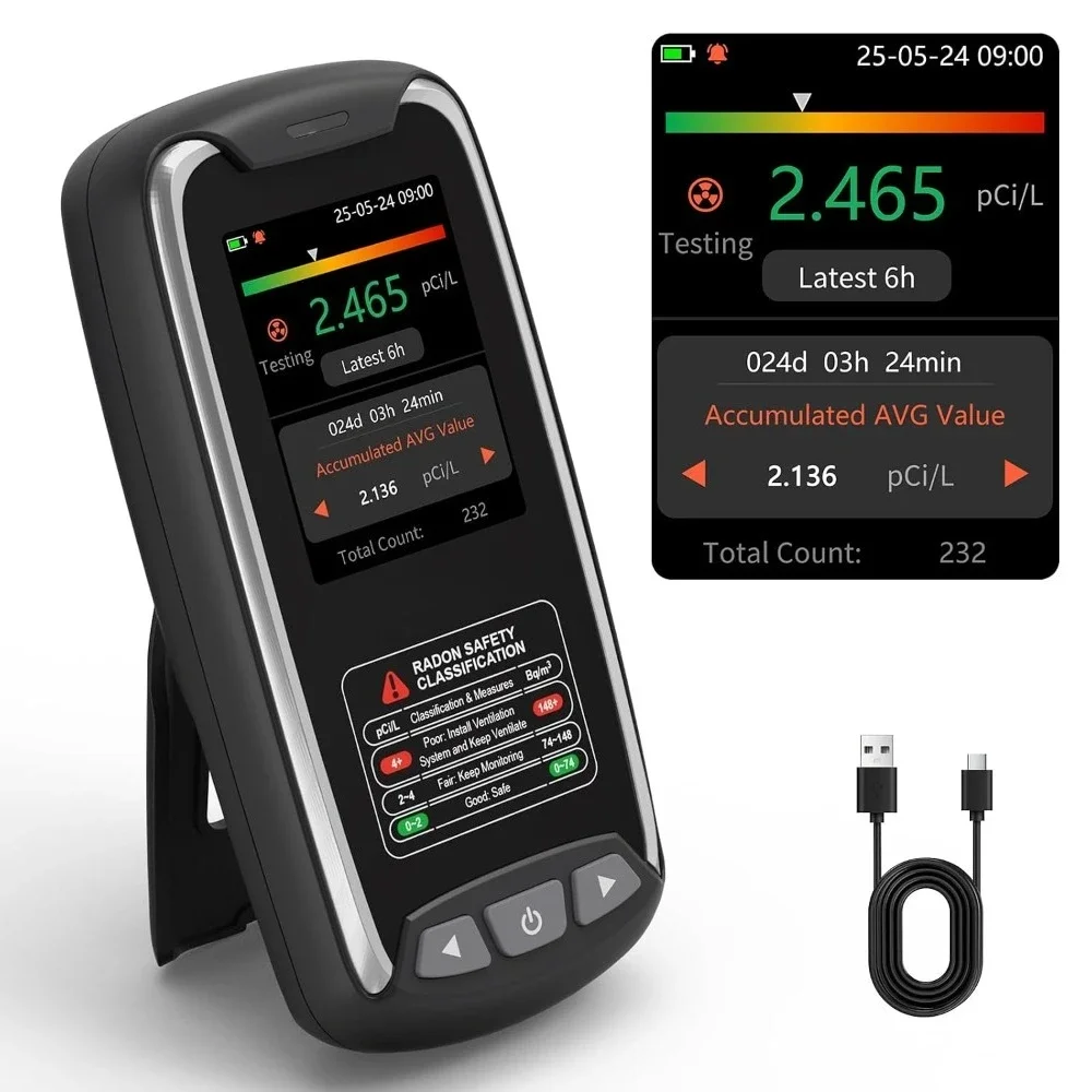 Portable Radon Detector Rechargeable Fast 6H First Result Radon Gas Monitor 0.09-1000 pCi/L Audible Visual Alarm 504 Day Log