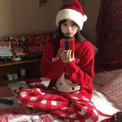 Christmas Hello Kitty Pajamas Women Autumn and Winter Loose Versatile Comfortable Kawaii Sweater Cute Cartoon Sweater