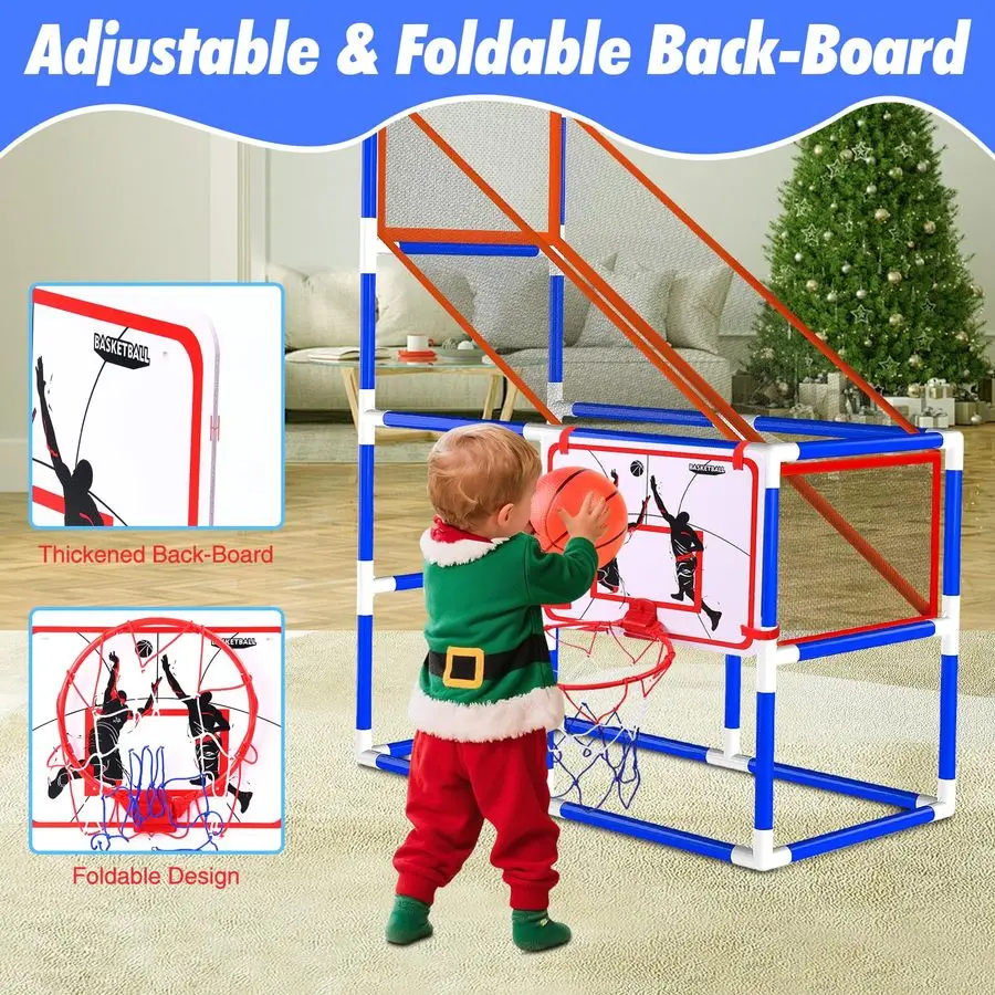 مجموعة ألعاب كرة السلة الداخلية، طوق أركيد كرة السلة بارتفاع قابل للتعديل مع مضخة 4 كرات أمبير، قاعدة طلقة واحدة للاستخدام الداخلي والخارجي