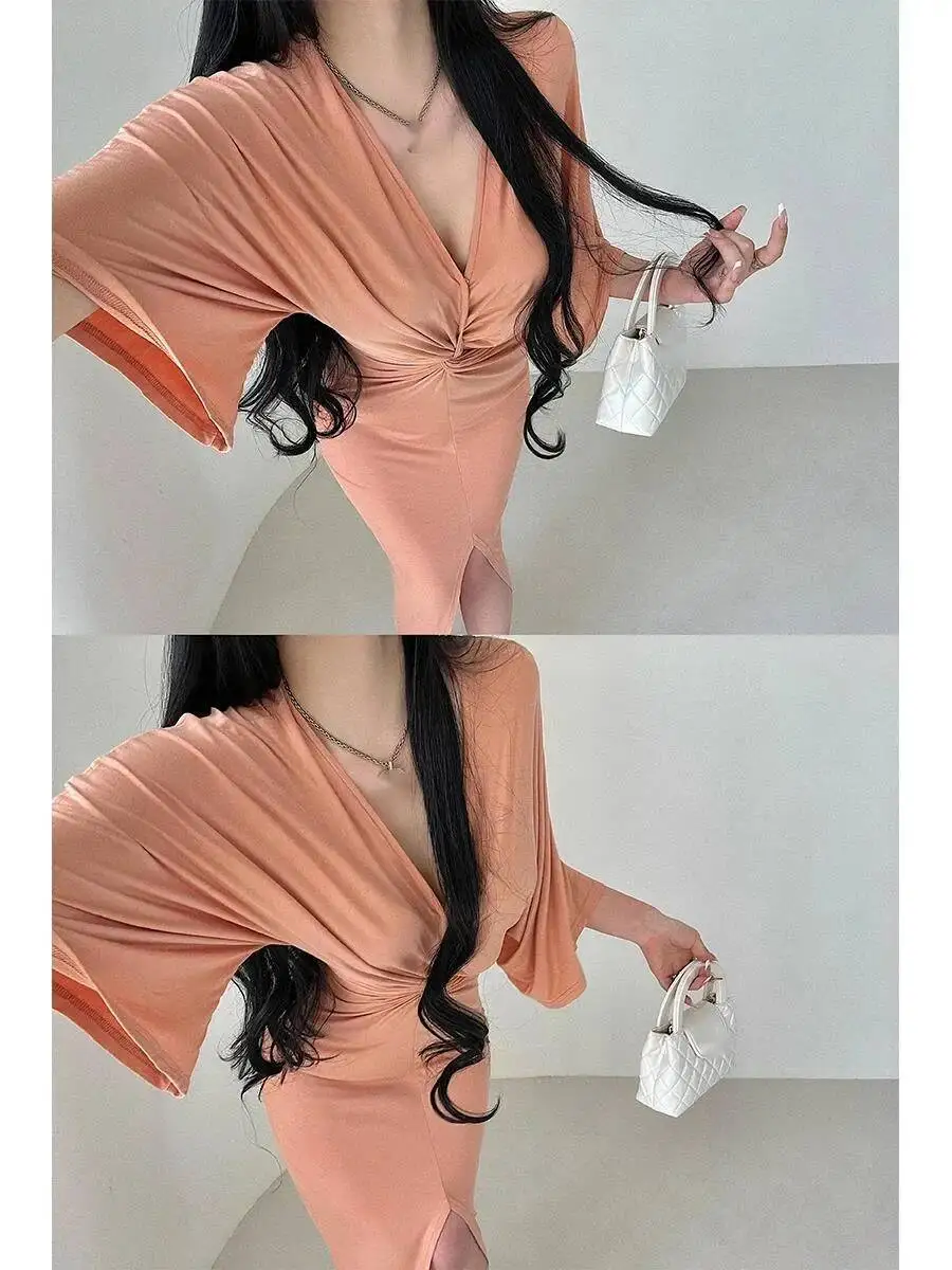 الخريف فضفاض فستان طويل غير رسمي الخامس الرقبة الملتوية حزام الخصر سبليت فستان أنيق برتقالي وردي فساتين ضئيلة المرأة 2024 جديد أعلى 07PM