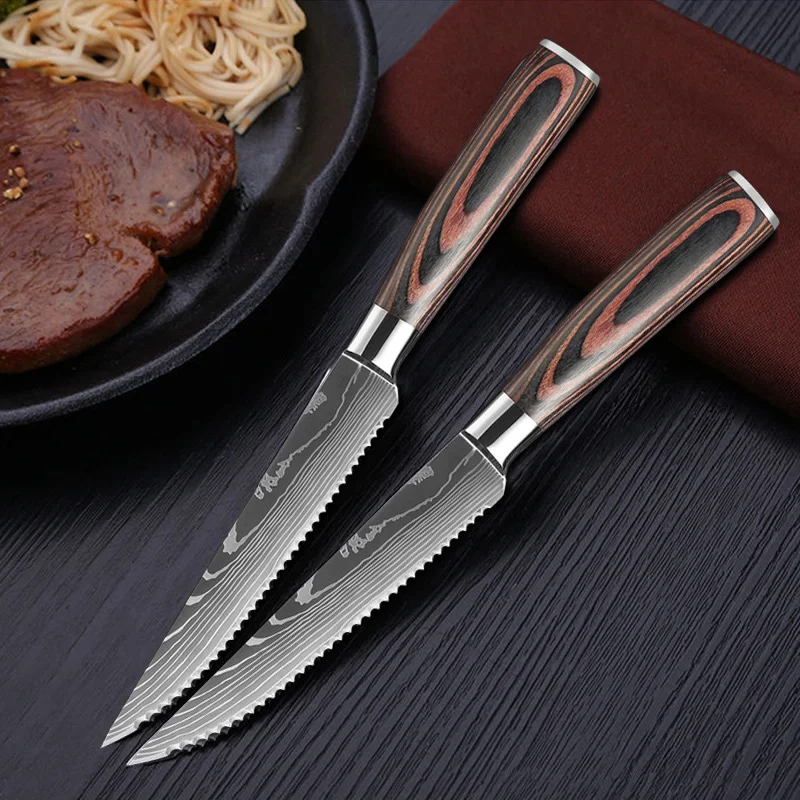 Damascus Steak Knife Set Meat Cleaver Stainless Steel Sharp Serrated Dinner Knives Beef Fruit Cutting Bread Knife Cooking Tools