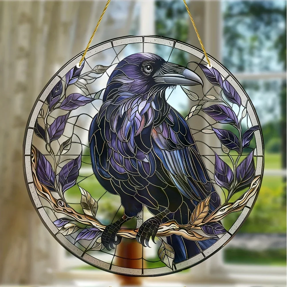 Black Crow Window Hanging Suncatcher,Translucent Round Acrylic Sign, Wreath Center,Porch Garden Home Courtyard Office Decoration