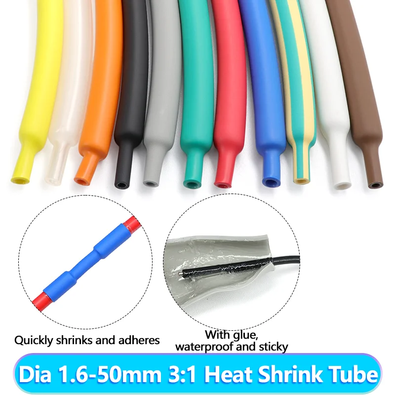 3:1 Dual Wall Heat Shrink Tubing Adhesive Lined Waterproof Polyolefin 2M 1.6-50mm Electrical Insulation Wire Sleeve 11 Colors