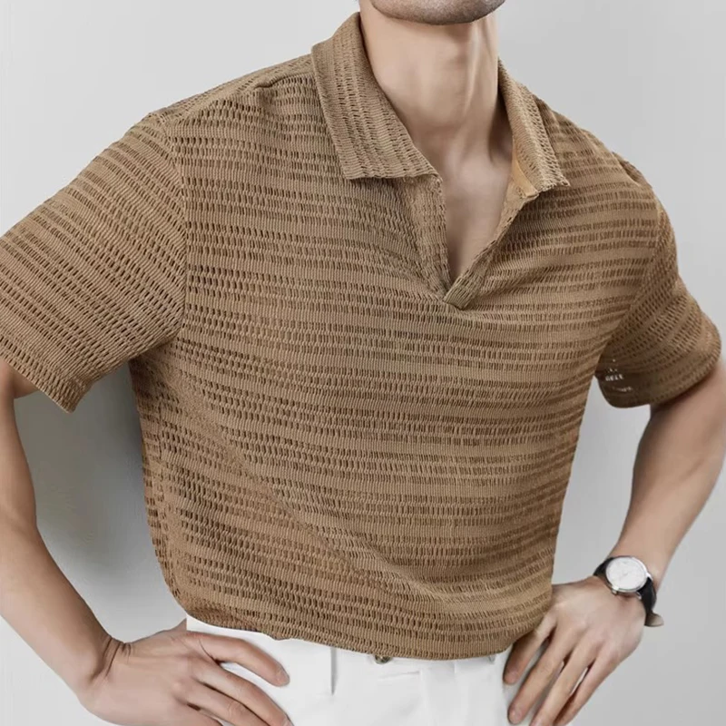 

Стильные мужские поло с коротким рукавом, вязаные, с ажурной вязкой, дышащие, с воротником поло, летние, новые, повседневные, однотонные, трикотажные.