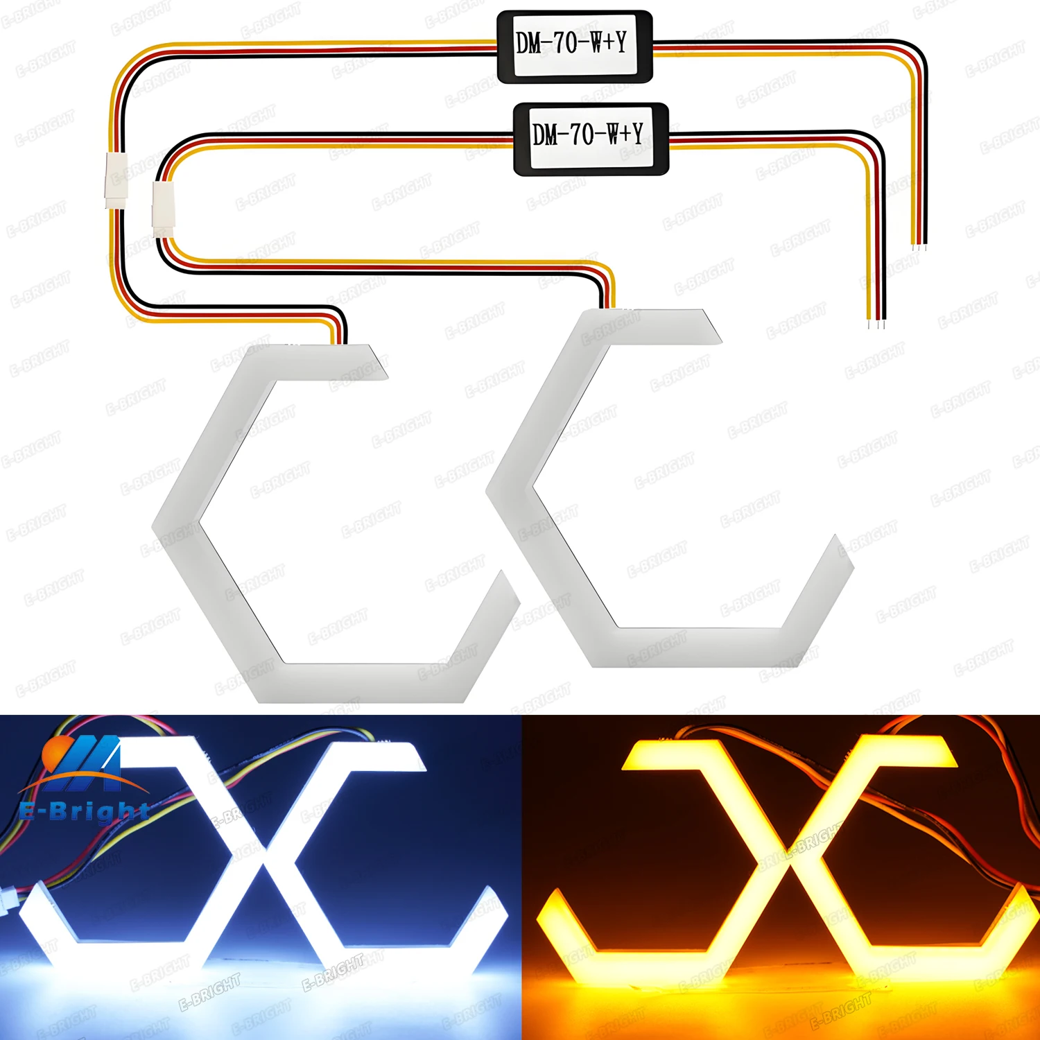 2P Hexagon Angel Eyes 12V 24V White Amber DRL Turn Signal Light 60mm 70mm 80mm 90mm Retrofit Headlight Lens Car Motorcycle