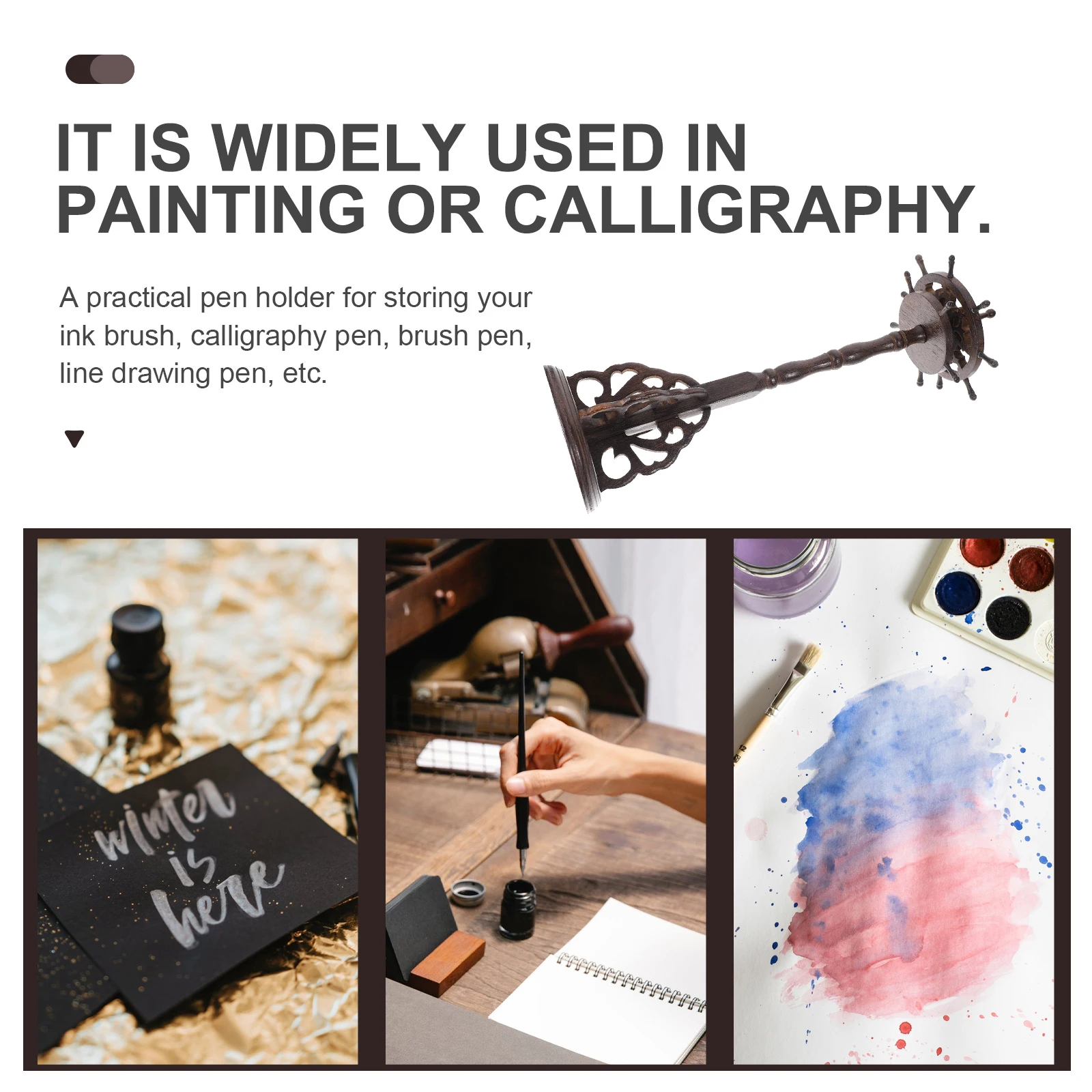 

1Pcs Wooden Brush Pen Rack Vintage Design Round Base Pen Holder Decorative Ink Brush Storage Stand Desktop Decor