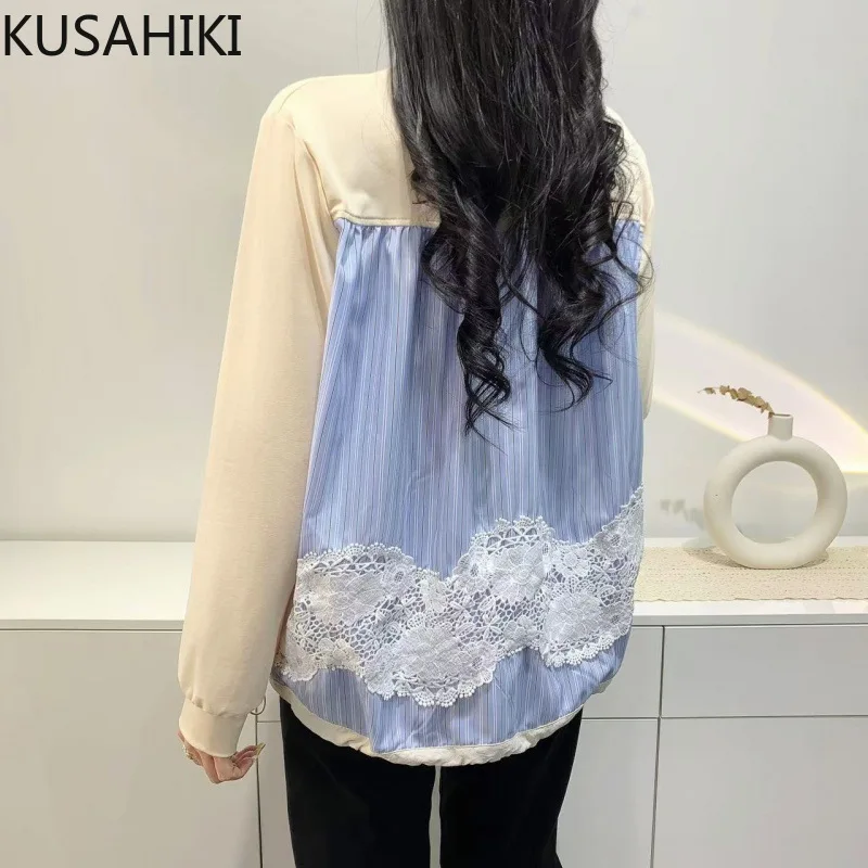 

KUSAHIKI Spring Autumn Thin Embroidered Splicing Drawstring Women's Hoodie Fashion Causal Long Sleeve Top