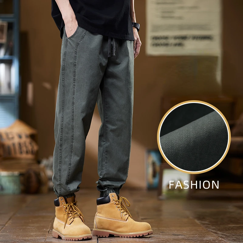 Unvanqu Men\'s Cargo Pants 100% Cotton Solid Color Work Harem Casual Pant Wide Korean Jogger Trousers Male  Four Seasons New