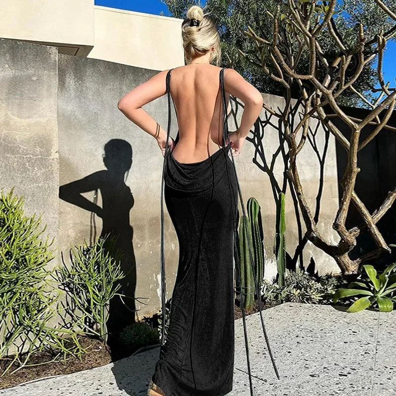 

Swing Collar Backless Sleeveless Dress Sexy Drawstrings Hollow Out Slit Maxi Dresses Summer Women Party Y2K Vestidos Para Mujer