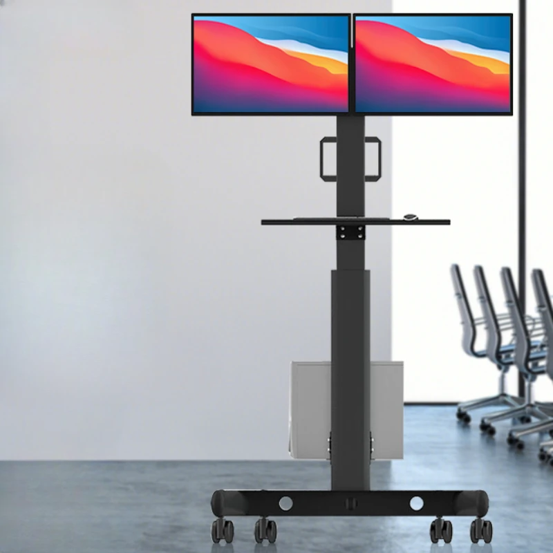 Ground mounted dual screen display bracket, mobile wheeled cart, standing office trolley, computer keyboard and mouse holder