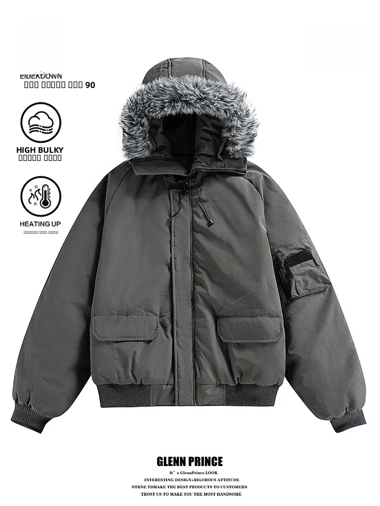 

GPstudio Trendy Detachable Fur Collar ket Workwear down Jaet Men Thi Warm Winter Parka Coat Outerwear Polyester Fiber