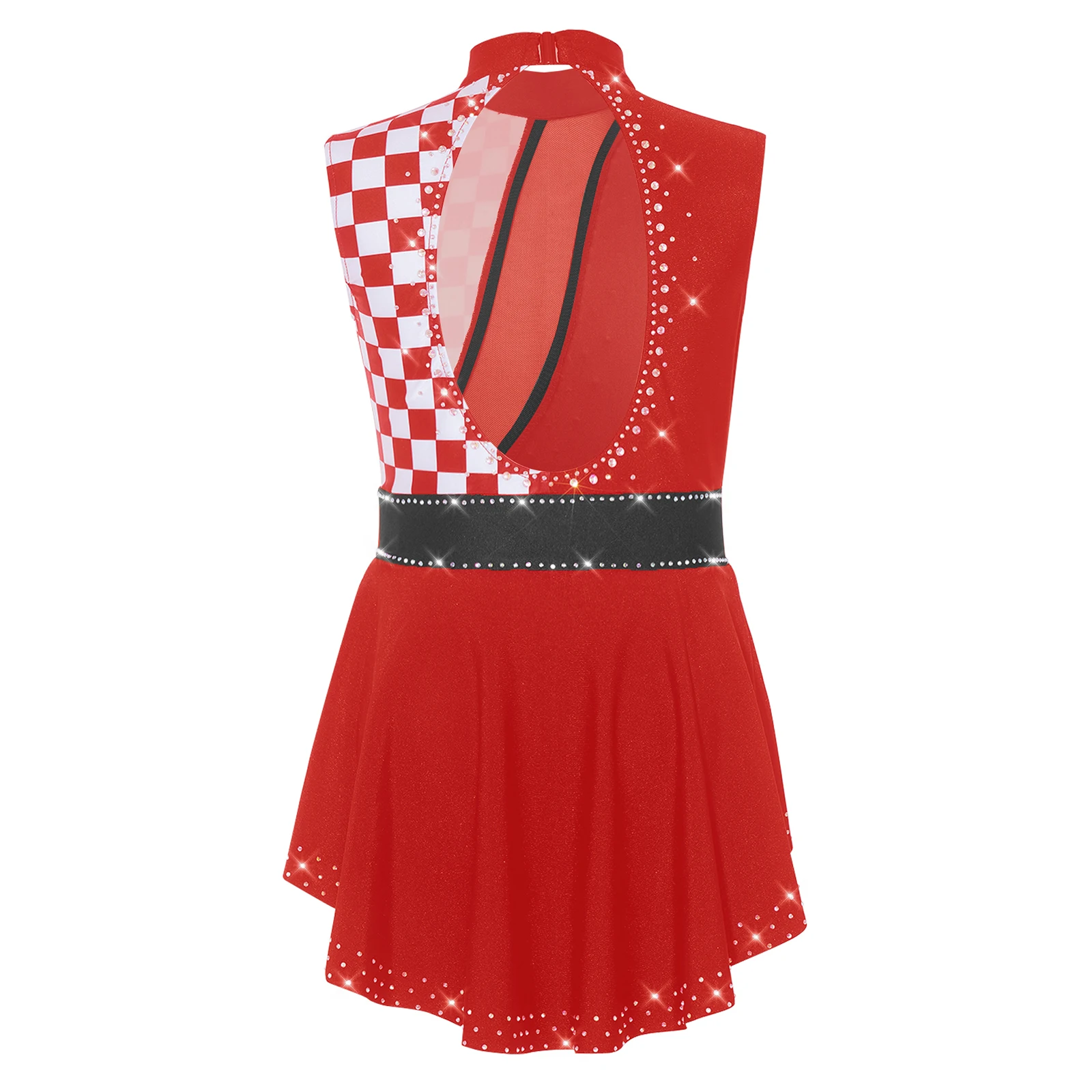 Kids Girls Circus Clown Costume Ringmaster Jumpsuit Sleeveless Rhinestones Ruffled Overlay Bodysuit Gymnastics Ballet Leotards