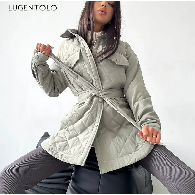 Women Warm Fashion Parkas Autumn Winter Loose Lapel Single-breasted Jacket Lace-up Female Casual Solid Pocket Versatile Coat