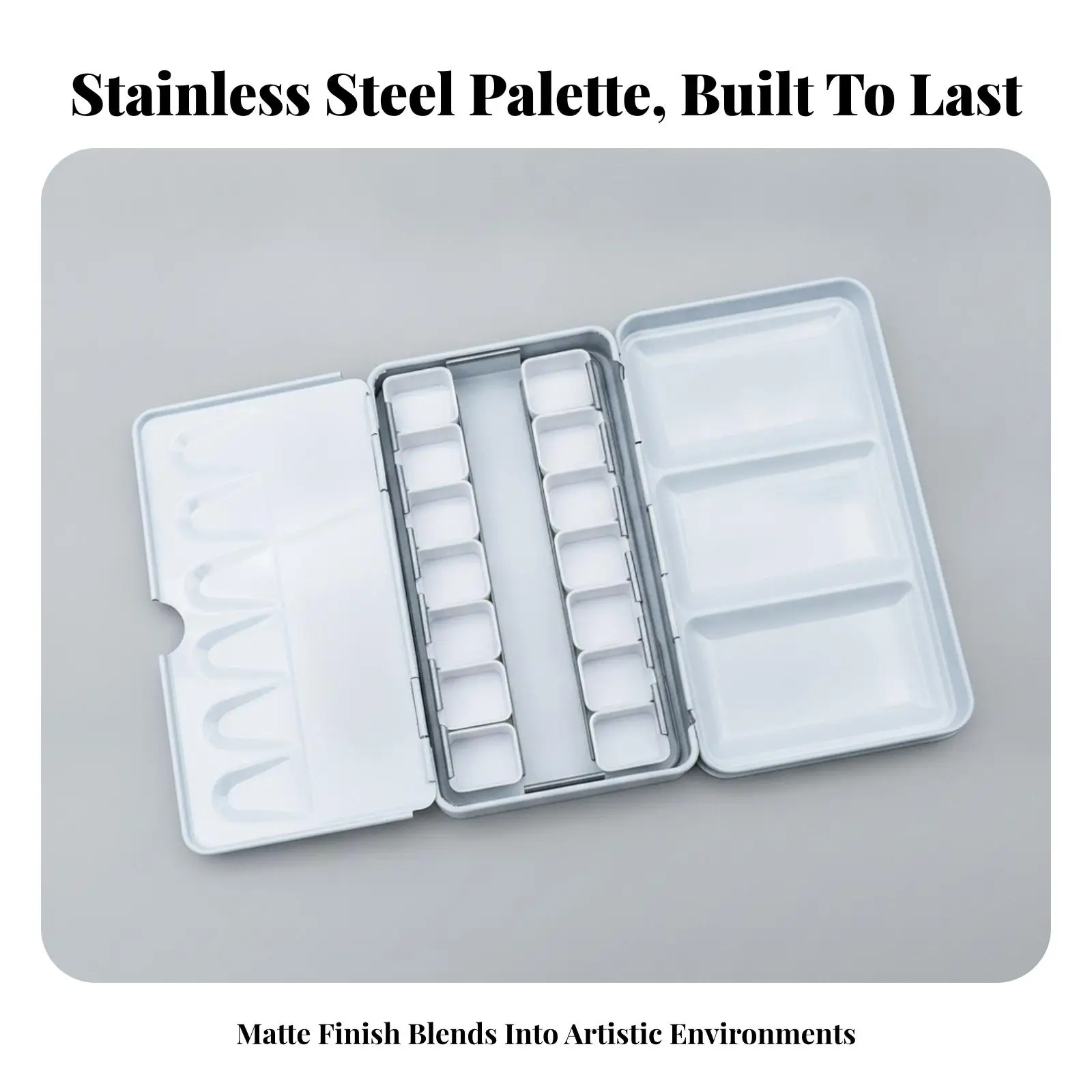 Folding Paint Palette Metal Case with White Interior Compartments and Mixing Surface for Watercolor Acrylic Gouache
