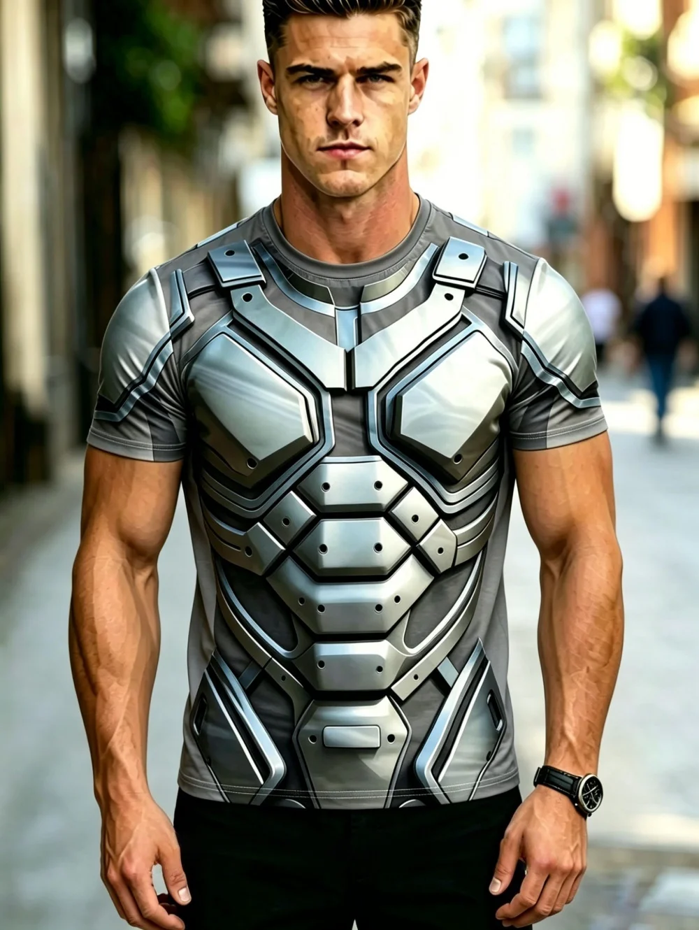 3D-gedrucktes T-Shirt im Metall-Stil für Herren, lässig, Rundhalsausschnitt, Kurzarm, lockere, lustige T-Shirts, Streetwear, Herrenbekleidung – Detail 7