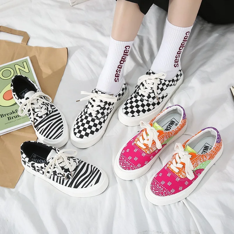 Summer Unisex Printed Canvas Shoes Low Top Women Sneakers Shallow Leopard Men Casual Shoes Lace Up 35-44