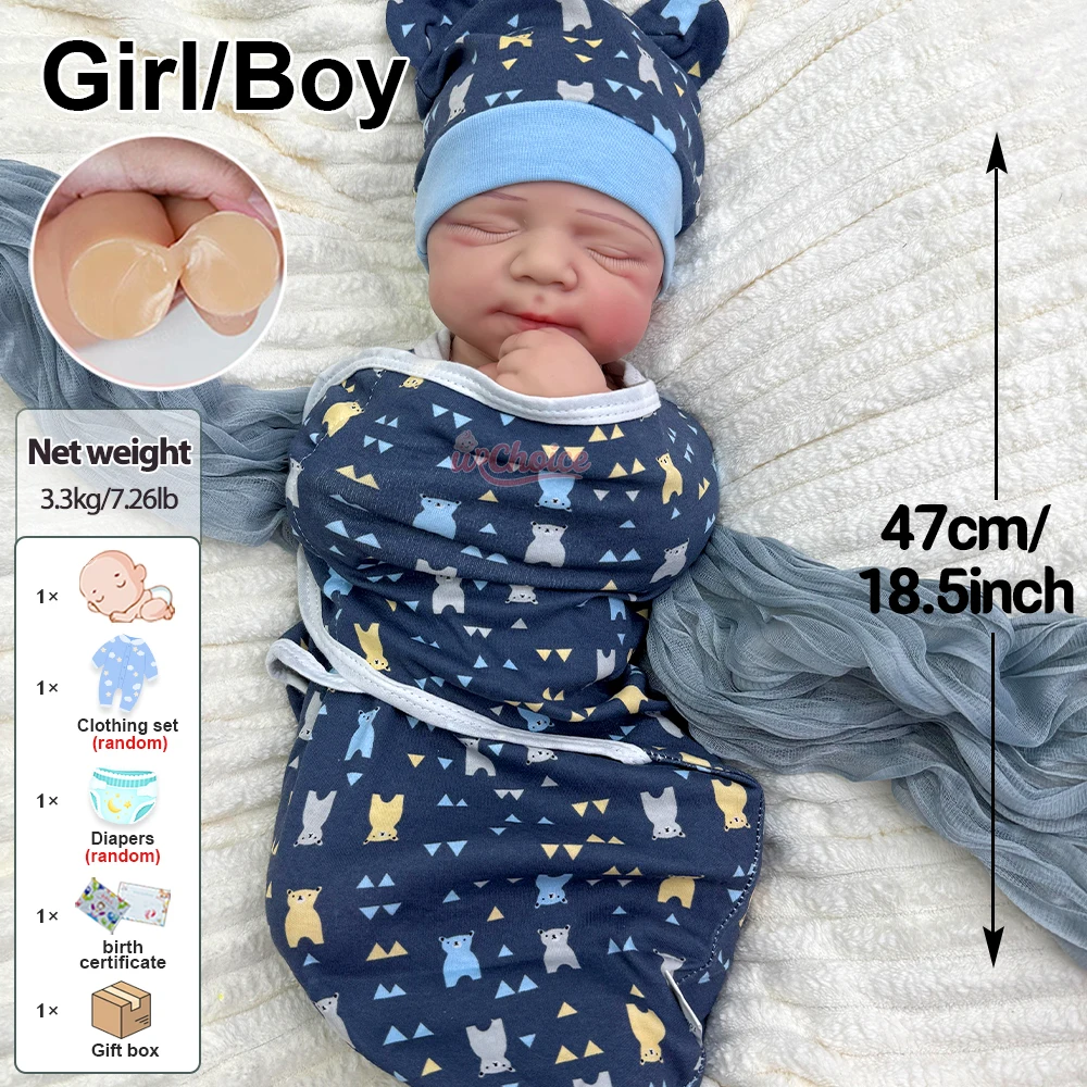 Pascale 47cm Soft Full Silicone Reborn Doll Sleepy Baby with Natural Relaxed Smile for Parenting Simulation Birthday Gifts