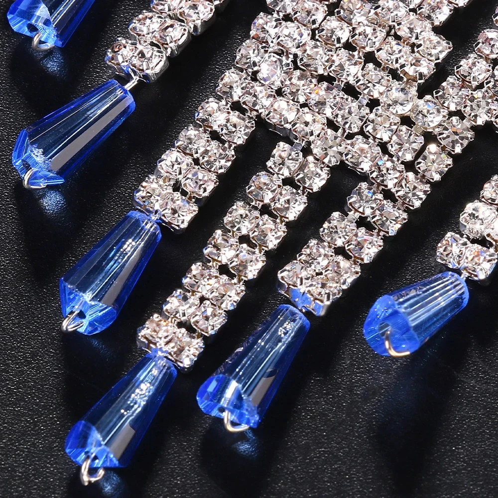 Stonefans Blue Pendant Flapper Hat Headwear Tassel Forehead for Women Boho Cap Multirow Shiny Rhinestone Hair Chain Wig Jewelry