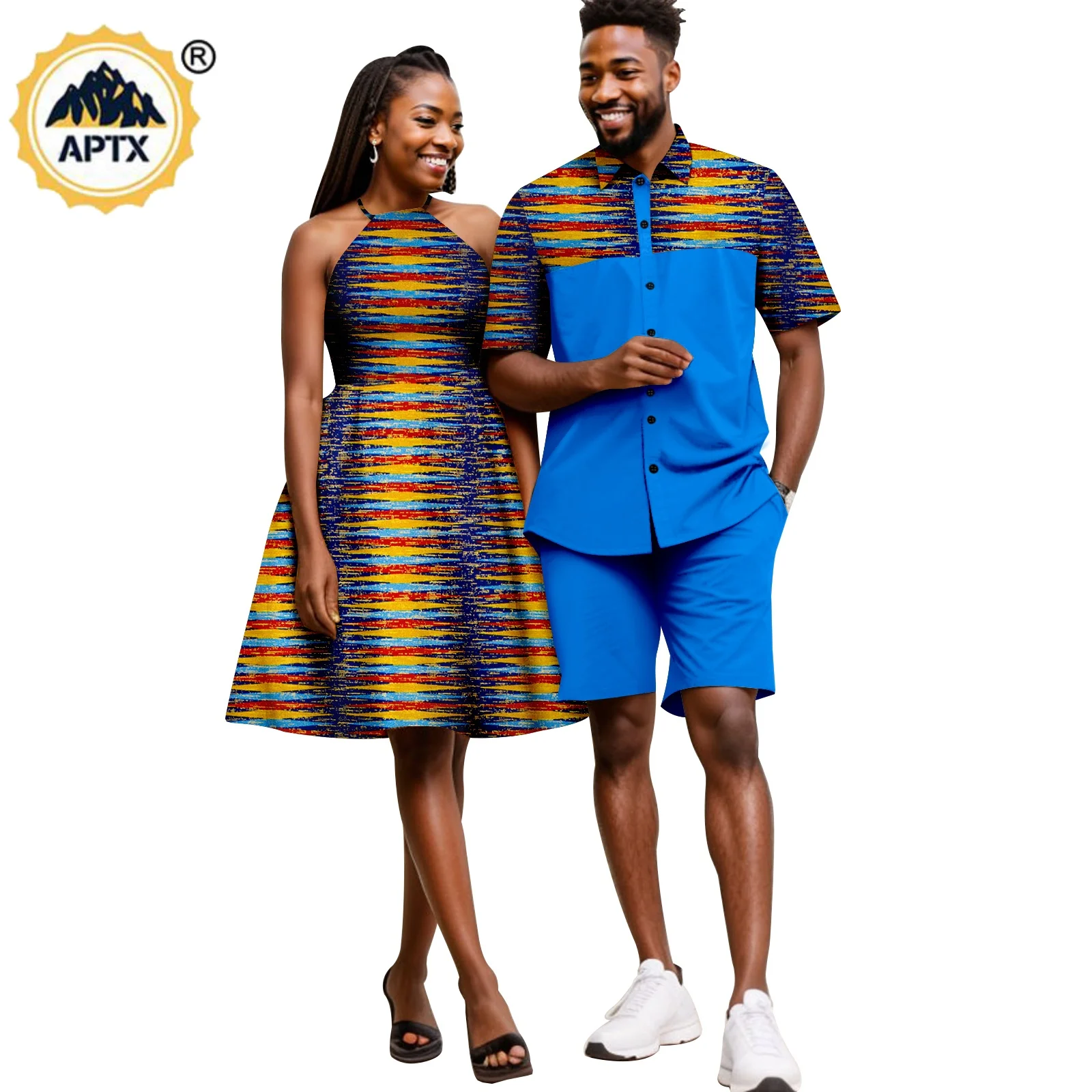 Summer African Sexy Halter Dresses for Women Matching Men Outfits Top Shirt and Short Pant Sets Bazin Couple Clothes 24C028