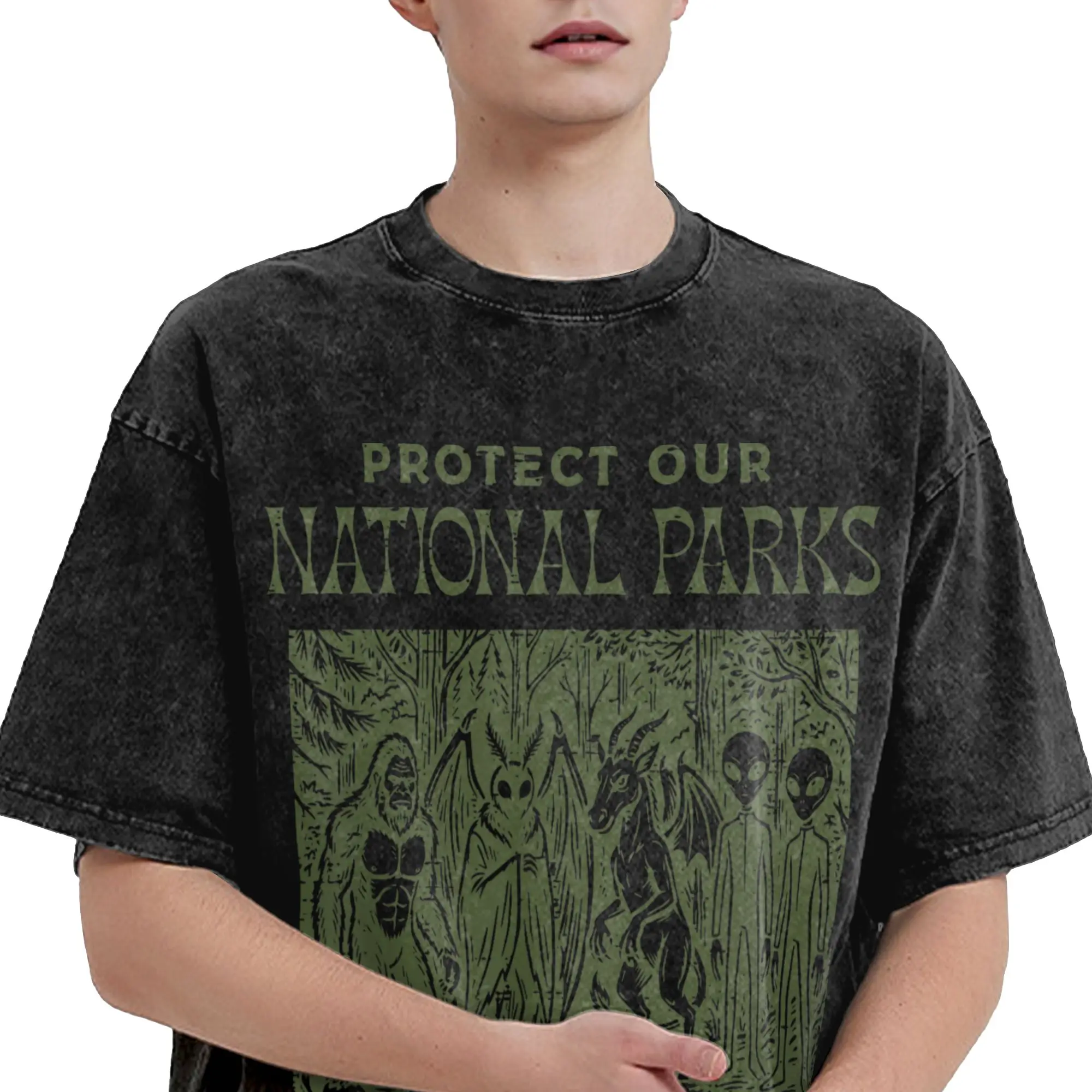 Graphic Printed Protect National Parks Haunt Backyard  Washed T Shirts Merch Oversize T-Shirt  Men Women Tee