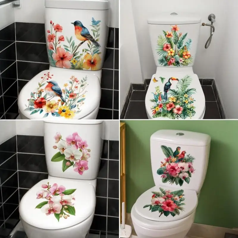 【F】Floral Toilet Sticker Waterproof Bathroom Wall Sticker Toilet Lid Sticker Self-Adhesive Removable Decals Home Decor