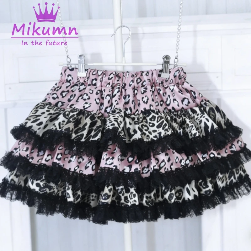 Mikumn Harajuku Gothic Pink Leopard Print Rock Y2k Punk Lace Cake Rock Damen Lolita Kawaii Plissee Minirock Chic Streerwear